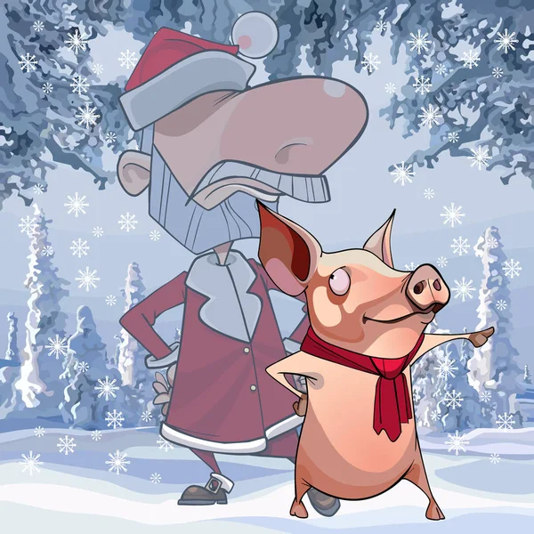 Poważne Santa Claus Stoiska Świnia Wskazuje Stronie Cartoon — Wektor stockowy