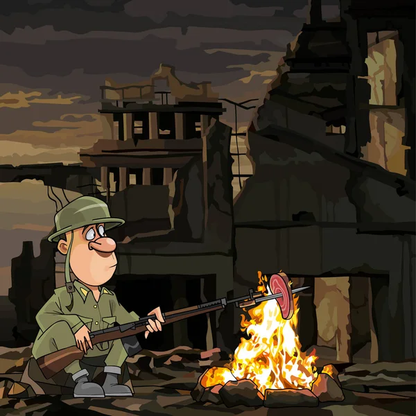 Cartoon Soldier Roasting Meat Fire While Sitting Ruins — Stock Vector