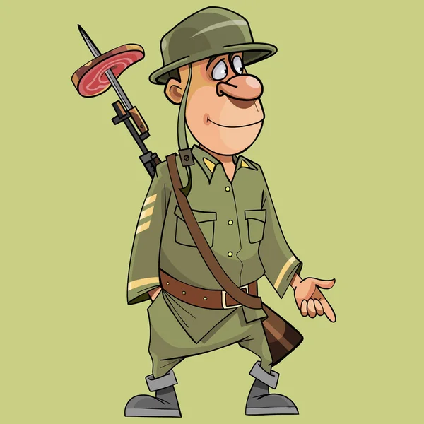 Caricatura Divertido Soldado Con Rifle Con Una Bayoneta — Vector de stock