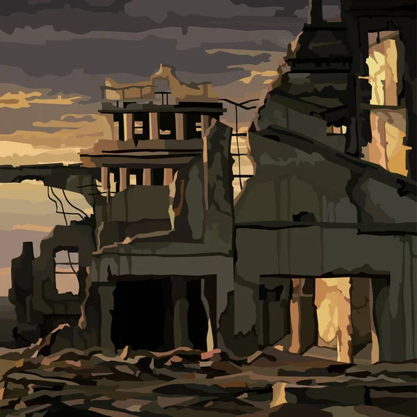 Ruines Maisons Détruites Dans Ville Lumière Coucher Soleil Sombre — Image vectorielle