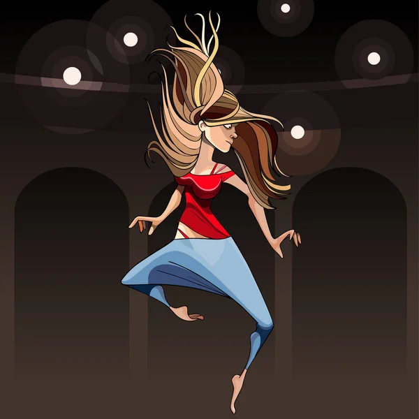 Cartoon Meisje Moderne Danseres Springen Pirouette Tegen Achtergrond Van Scène — Stockvector