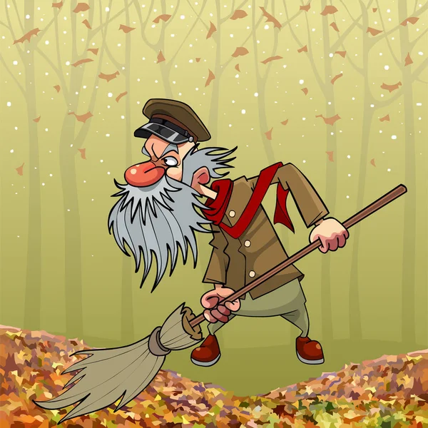 Мультфільм Злий Бородатий Старий Прибиральник Зачищає Мітлу Осінньому Парку — стоковий вектор