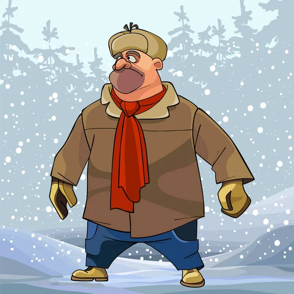 雪に覆われた森での冬の服の漫画屈強な男 — ストックベクタ