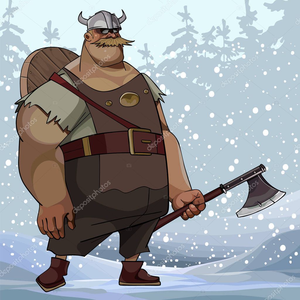 cartoon burly man in viking clothes with an ax in snowy forest
