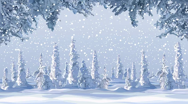 Gyönyörű Téli Háttér Hóval Borított Firs Havazás Rajzfilm — Stock Vector