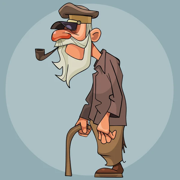 Hombre Viejo Dibujos Animados Fumar Pipa Apoyándose Bastón — Archivo Imágenes Vectoriales