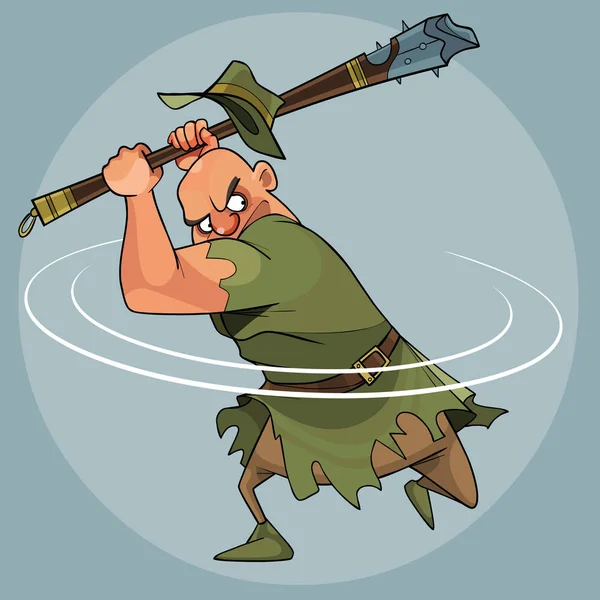 Karikatur Wütender Mann Mittelalterlicher Kleidung Schwingt Eine Keule — Stockvektor