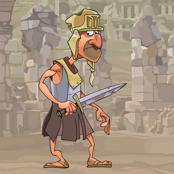 卡通搞笑的人在角斗士的衣服与匕首在他的手站立在石头废墟的背景 — 图库矢量图片