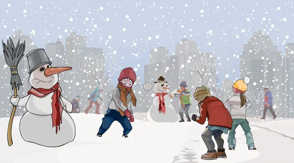Kreskówka Dla Dzieci Gra Snowball Parku Bałwanki Godzinach Popołudniowych — Wektor stockowy