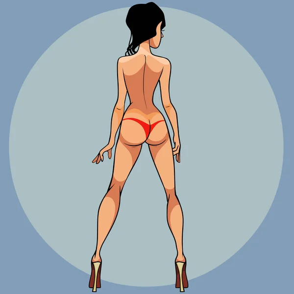 Mujer Esbelta Dibujos Animados Tanga Roja Tacones Altos Vista Trasera — Vector de stock