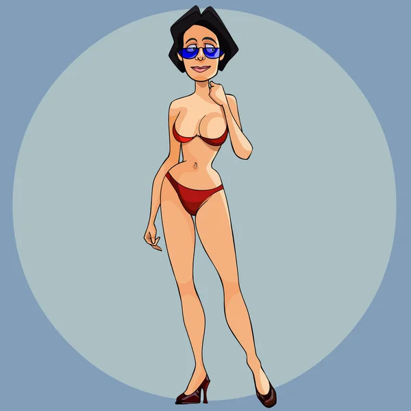 卡通黑发女人在红色游泳衣和高跟鞋和蓝色太阳镜 — 图库矢量图片