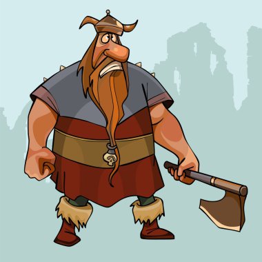 elinde bir balta ile boynuzlu kask içinde üzgün viking çizgi film