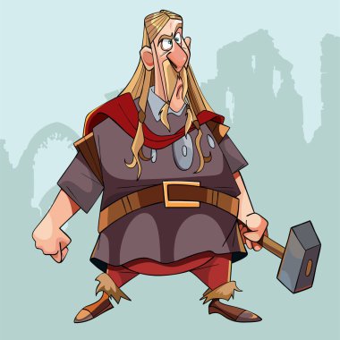 elinde çekiç ile ortaçağ giysileri şaşırmış adam çizgi film