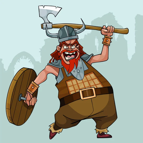 Cartoon Viking Met Houten Schild Schommels Zijn Bijl — Stockvector