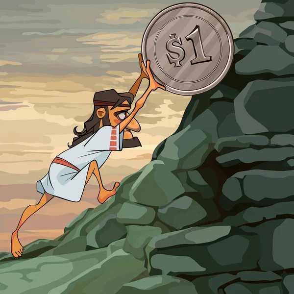 Dessin Animé Mâle Sisyphus Rouleaux Pièce Monnaie Sur Colline — Image vectorielle