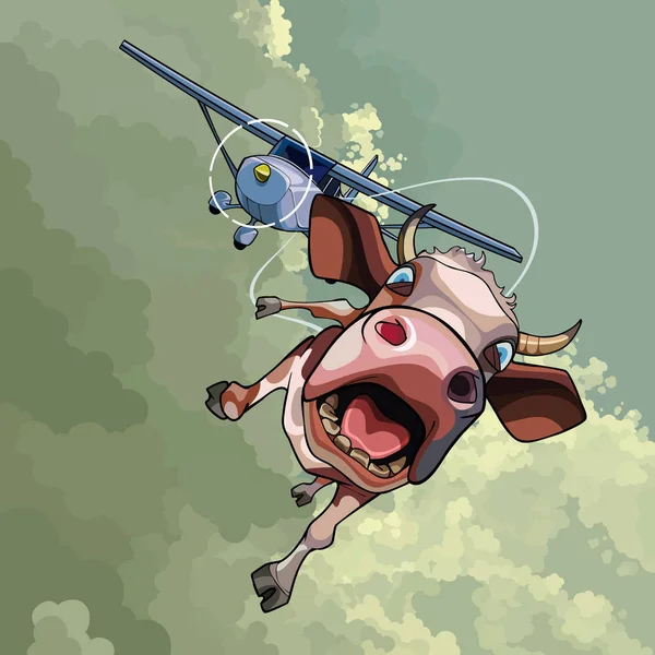 Kreskówka Krowa Śmieszne Transportowanych Drogą Powietrzną Pokładzie Samolotu Linach — Wektor stockowy