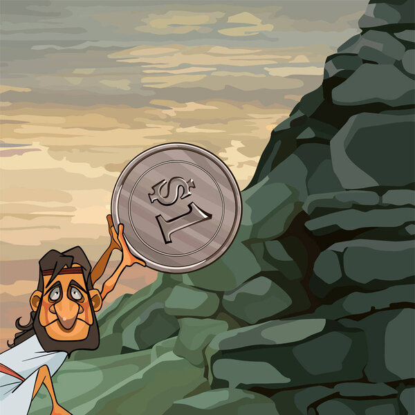 cartoon man Sisyphus rolls coin up the mountain