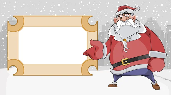 Cartoon Sad Santa Claus Zeigt Auf Leeres Schild — Stockvektor