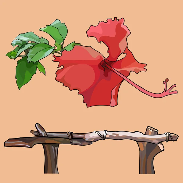 Ritat Isolerade Röd Tropisk Blomma Och Träpinne Staket Beige Bakgrund — Stock vektor