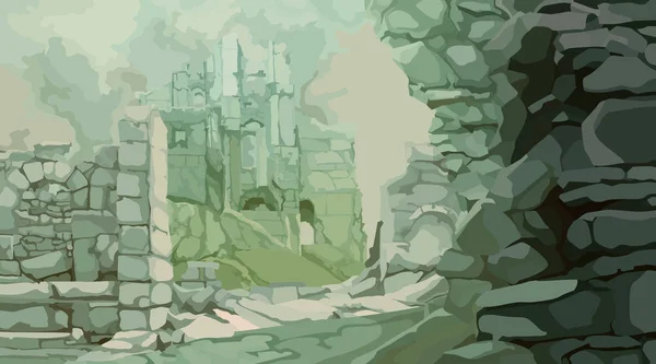 在灰色绿色色调的迷雾中绘制的中世纪石头废墟 — 图库矢量图片
