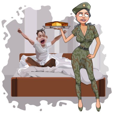 kamuflaj üniforma karikatür kadını bir pasta kahvaltı için adama getirdi