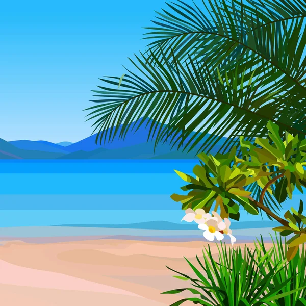 Fondo Playa Dibujado Con Agua Azul Plantas Tropicales — Vector de stock