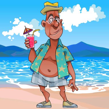 çizgi film tabaklanmış turist kokteyl ile el deniz kenarında duruyor