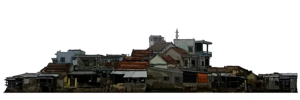 beyaz bir arka plan üzerinde harap eski alçak konut binalar boyalı