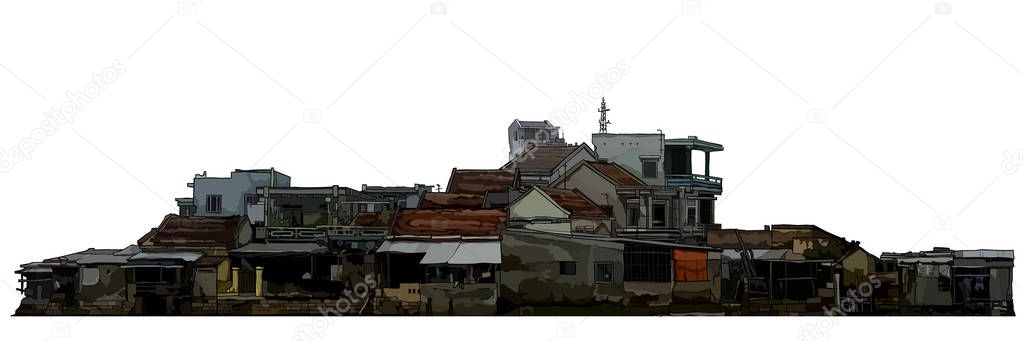 dilapidated old low rise residential buildings painted on a white background