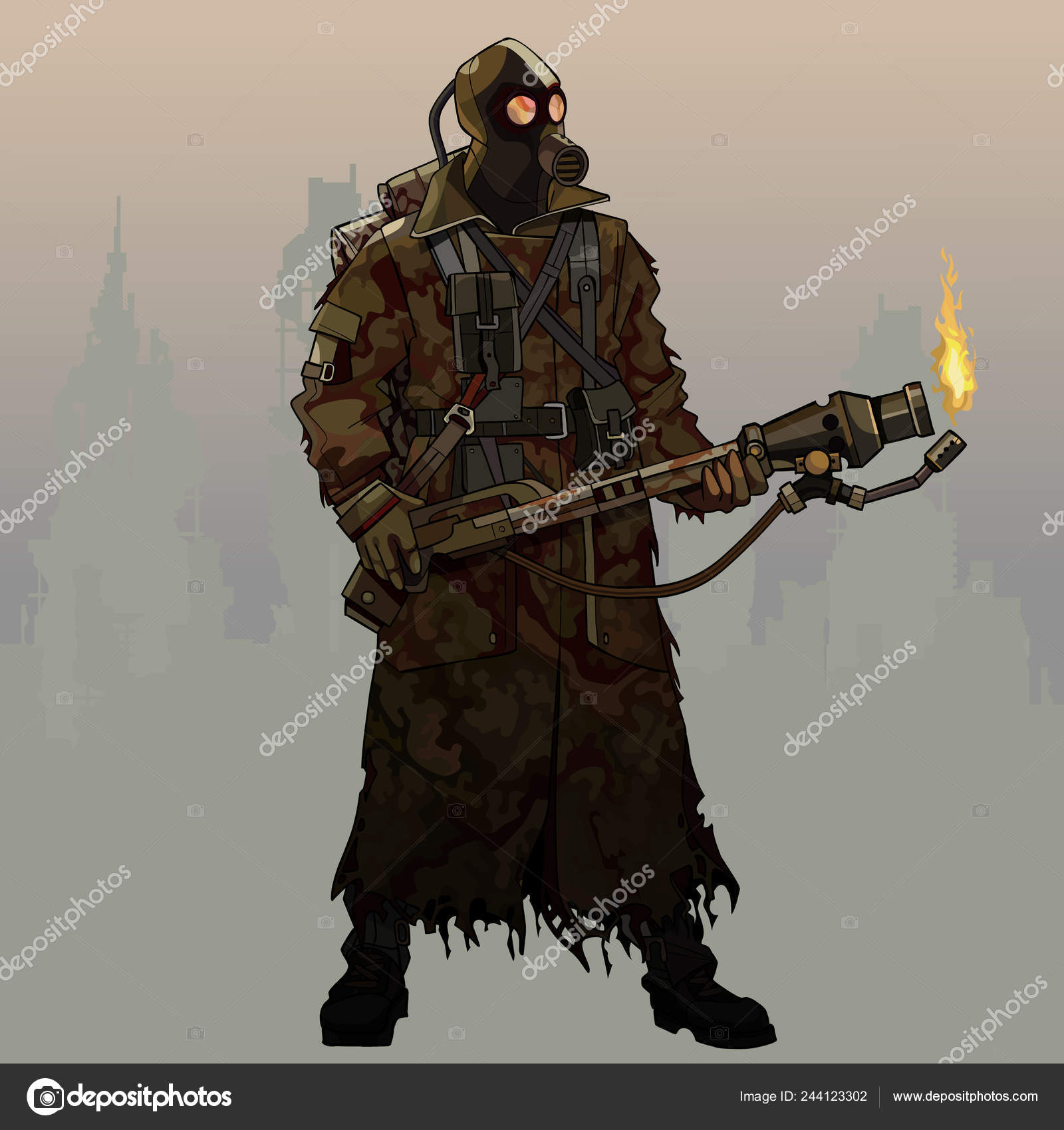 Cartoon Armed Flamethrower Man Gas Mask Post Apocalypse Stock by ©Westamult 244123302