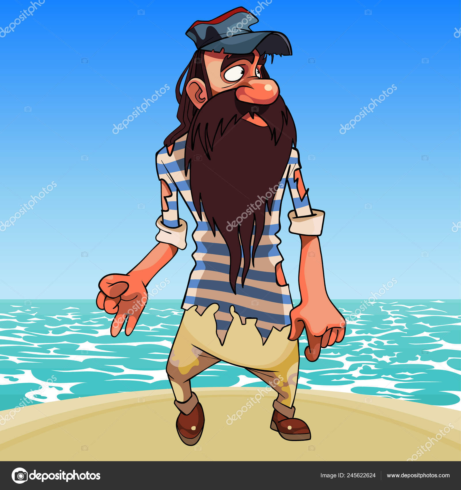 Tegnefilm Skjeggete Overlevende Fillete Klær Står Stranda stockvektor ©  Westamult #245622624, image size:1600x1700