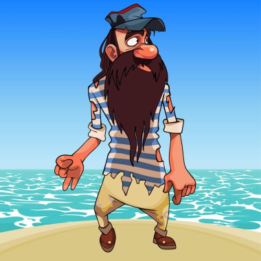 cartoon bearded survivor man in tattered clothes stands on the seashore clipart