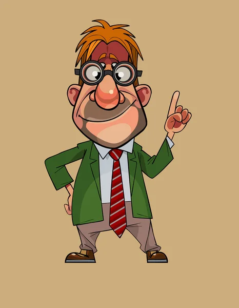 Cartoon Funny Man Suit Glasses Points Finger — Stock Vector
