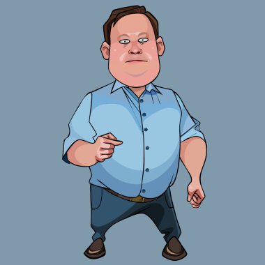 karikatür komik şişman adam önemli standları ve parmağını gösterir