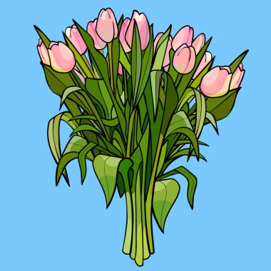 çizgi film büyük mavi zemin üzerine Pembe Lale buketi