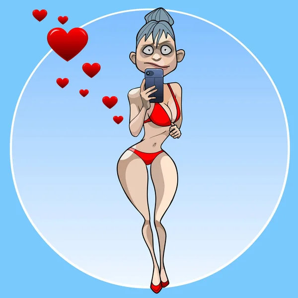 Cartoon Lustige Verliebte Frau Badeanzug Schießt Auf Smartphone — Stockvektor