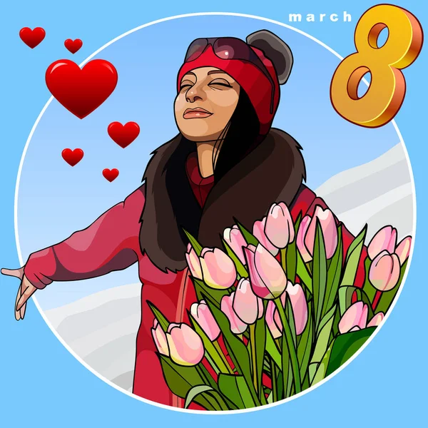 çiçekler Mart 8 karikatür mutlu sevgi dolu kadınla
