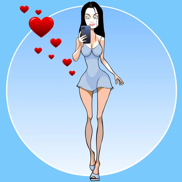 Cartoon Slender Woman Reads Smartphone Love Blue Background — Stock Vector