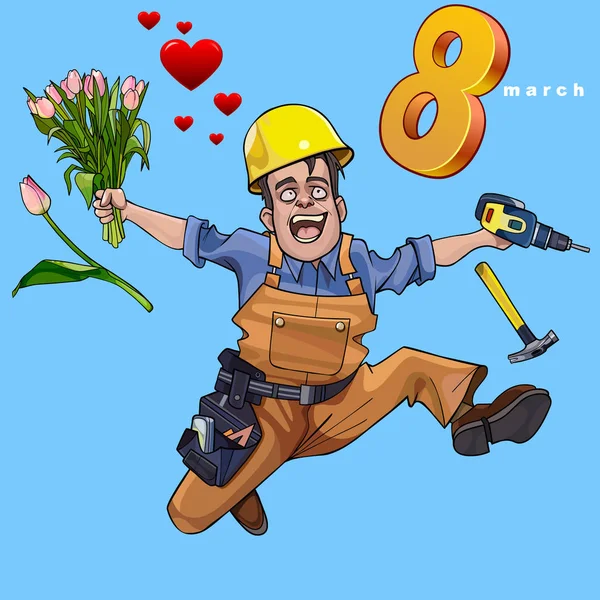 Caricatura Constructor Masculino Felizmente Saltando Con Ramo Flores Marzo — Archivo Imágenes Vectoriales