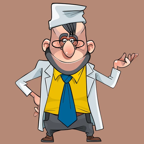 Cartoon smiling male doctor points his hand — Stock Vector