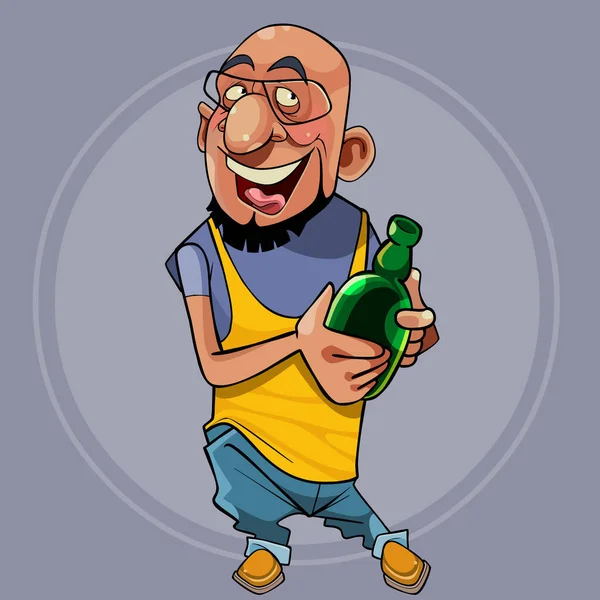 Personaje alegre de dibujos animados es un hombre barbudo se para con una botella — Vector de stock