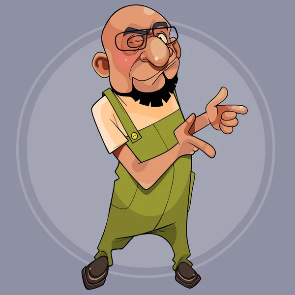 Personaje de dibujos animados hombre guiña y señala sus dedos a un lado — Vector de stock