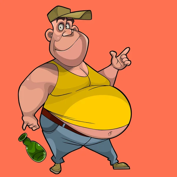 Karikatura člověka s velkým břichem klesne láhev — Stockový vektor