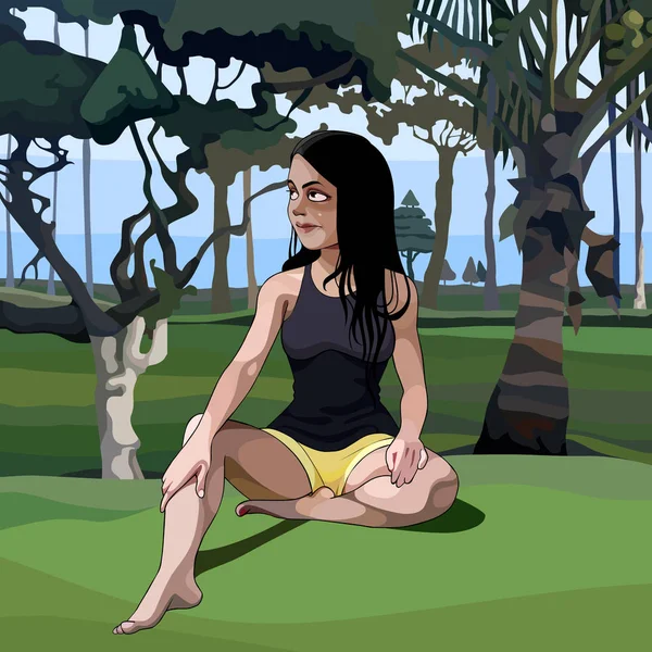 Femme dessin animé assis sur l'herbe dans le parc — Image vectorielle