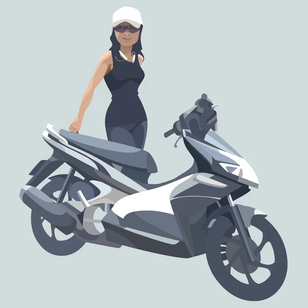 Mujer de dibujos animados de pie junto a una motocicleta negra — Vector de stock