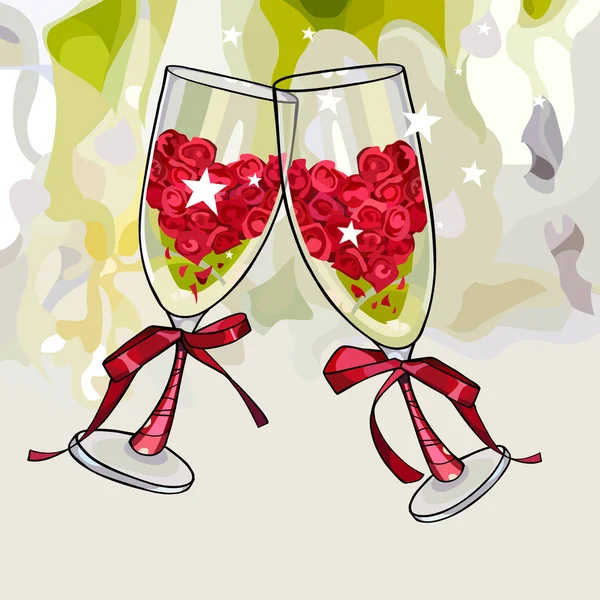 Два бокала вина в честь годовщины мультфильма, наполненные цветами — стоковый вектор