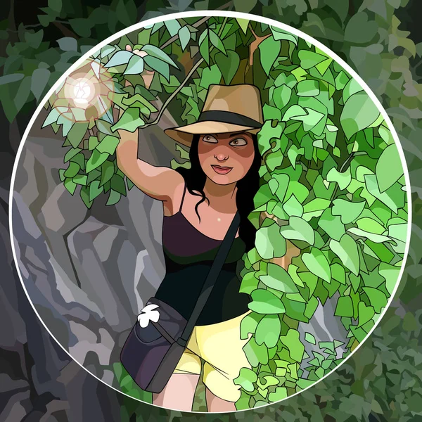 Tecknad kvinna resenär smyger genom djungeln — Stock vektor