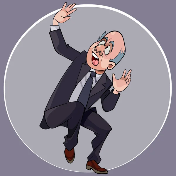 Homem dos desenhos animados em um terno com um laço agacha no susto — Vetor de Stock