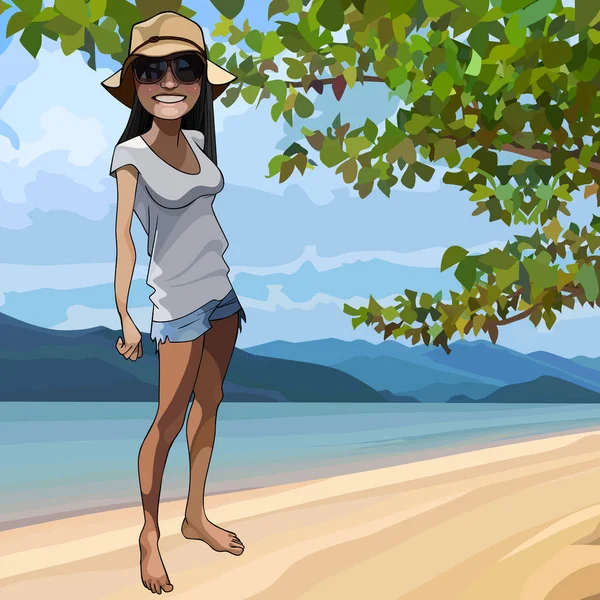 Desenho animado sorridente menina em um chapéu fica na praia —  Vetores de Stock