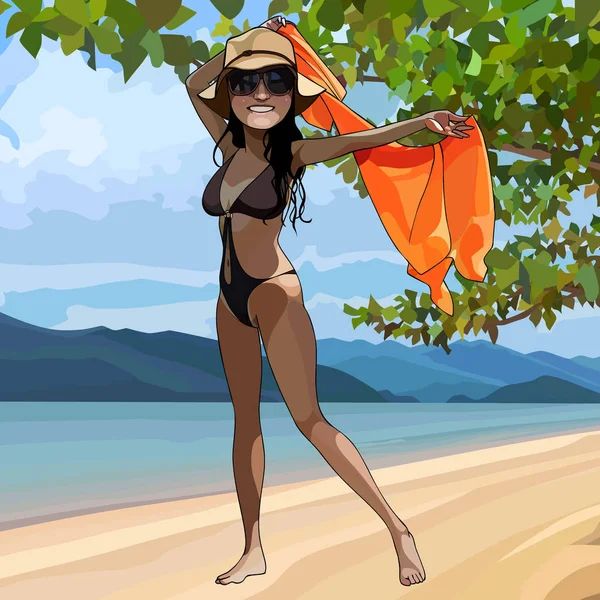 Dessin animé fille heureuse en maillot de bain sur la plage — Image vectorielle
